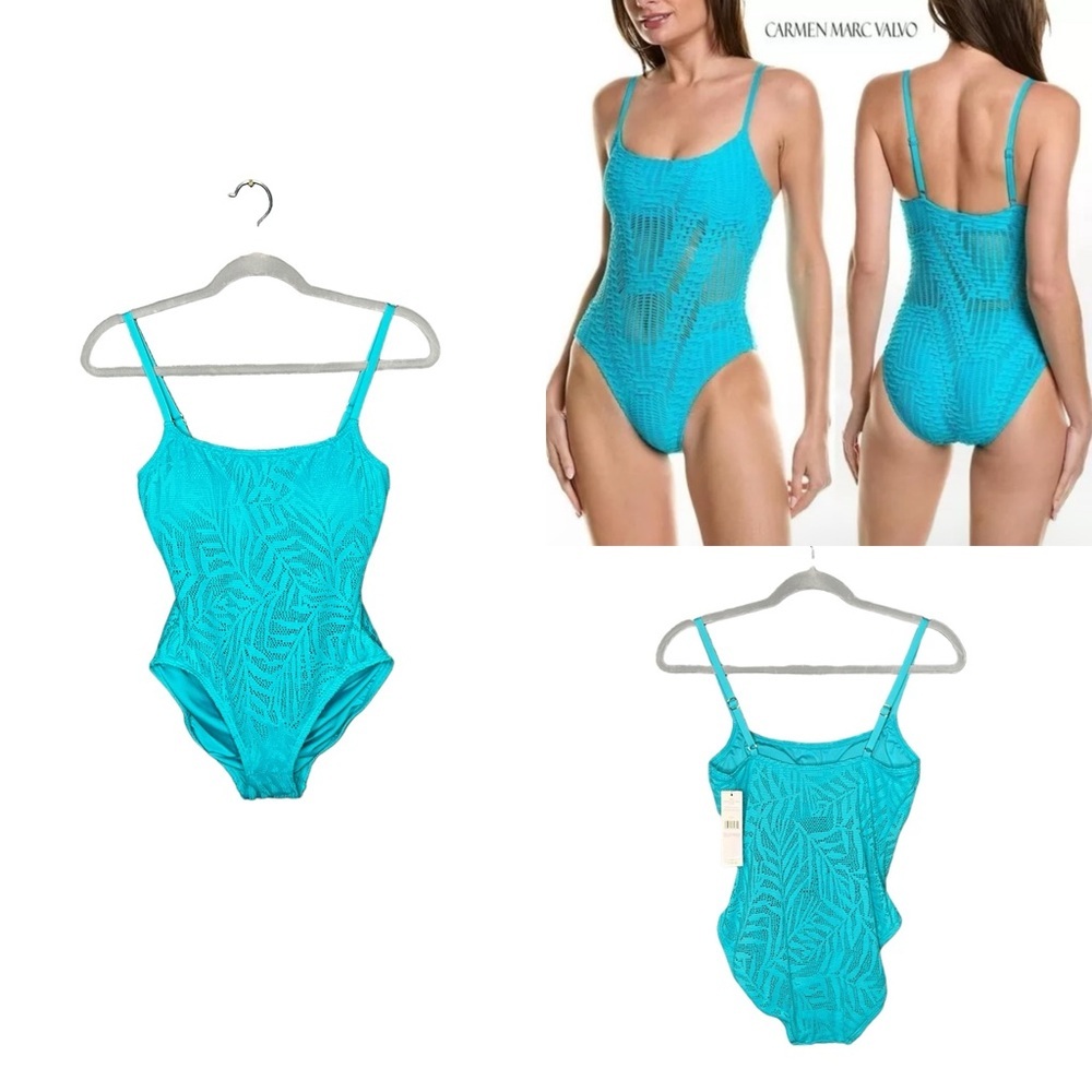 Carmen Marc Valvo Capri Blue Mesh Padded Bra One Piece Swimsuit Size 6 NWT